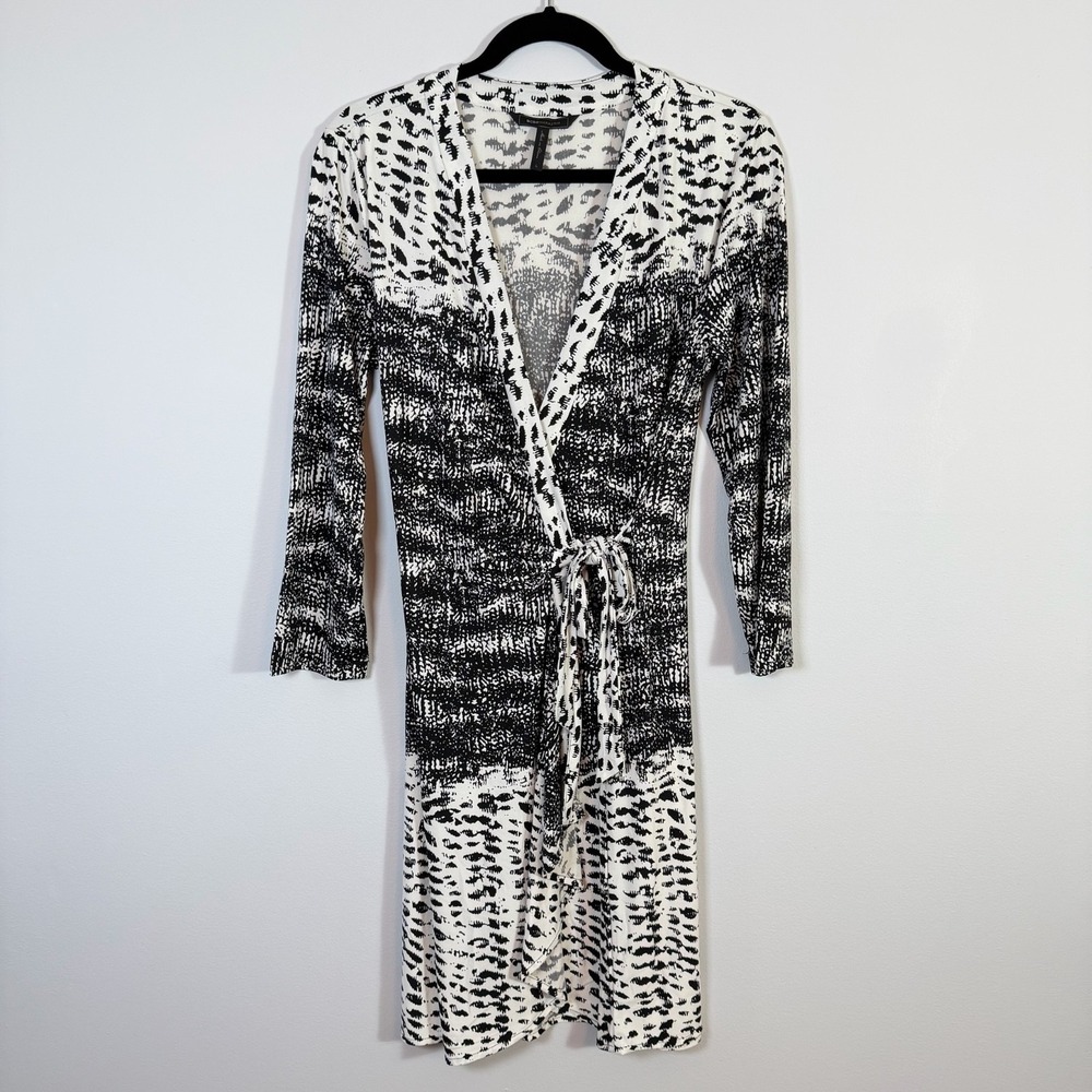 BCBG MAXAZRIA Adele Wrap Dress L Black White Boho Midi Dress Teacher
